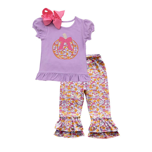 (Pre-order)GSPO1696 Pumpkin Purple Top Flowers Pants Girls Fall Clothes Set