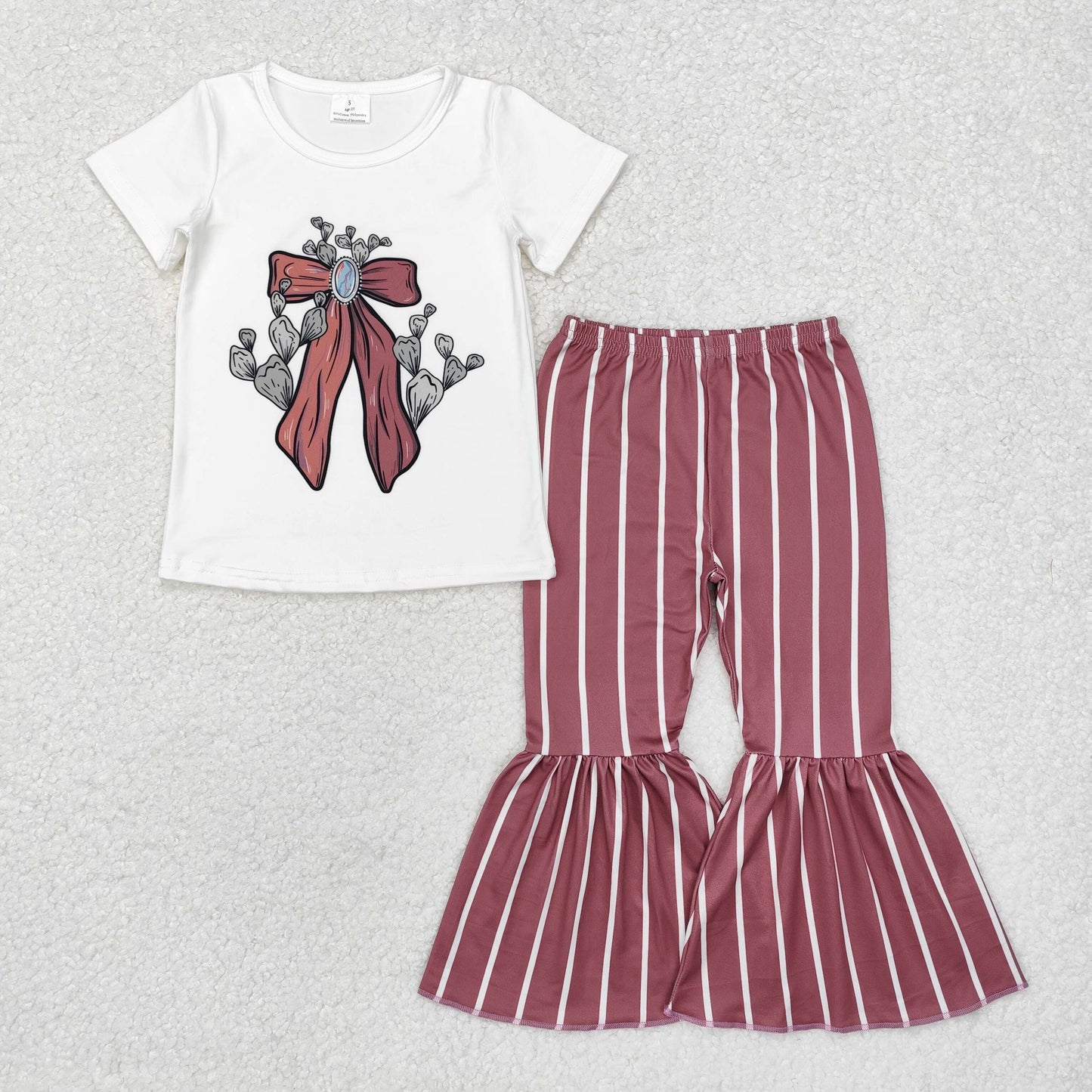 GSPO1704 Cactus Bow Top Stripes Bell Pants Girls Western Clothes Set