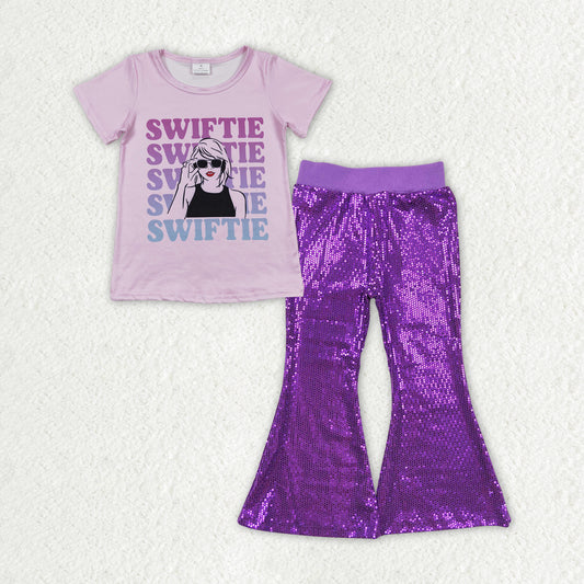 GSPO1707 Singer Swiftie Top Purple Sequin Bell Pants Girls Clothes Sets