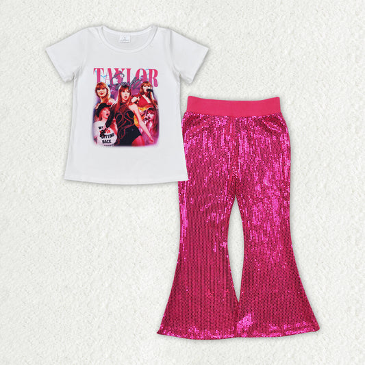 GSPO1709 Singer Swiftie Top Hotpink Sequin Bell Pants Girls Clothes Sets