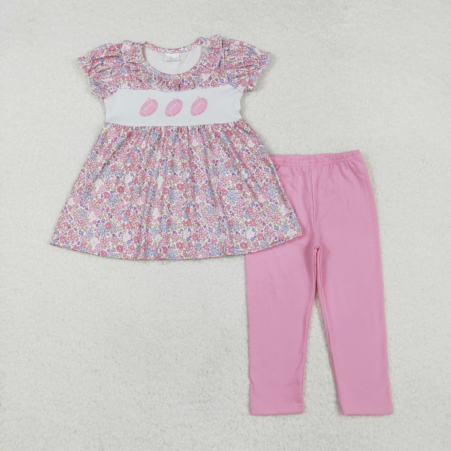 GSPO1714 Football Embroidery Flowers Tunic Top Pink Pants Girls Clothes Set