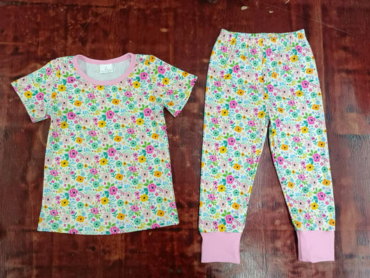 (Custom Design Preorder MOQ 3) Flowers Print Girls Pajamas Clothes Set