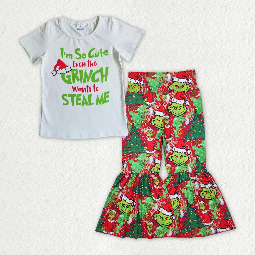 GSPO1723 Green Frog Print Bell Pants Girls Christmas Clothes Set