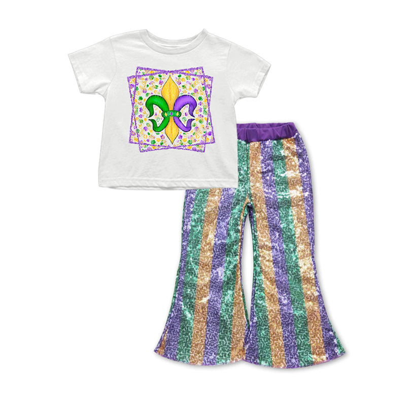 (Pre-order)GSPO1724 Anchor Top Greek Golden Stripes Sequin Bell Pants Girls Mardi Gras Clothes Set