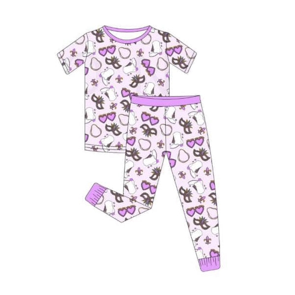 (Pre-order)GSPO1725 Mardi Gras Purple Print Girls Pajamas Clothes Set