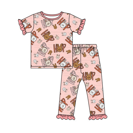 (Pre-order)GSPO1726 HOP Bunny Pink Print Girls Easter Pajamas Clothes Set