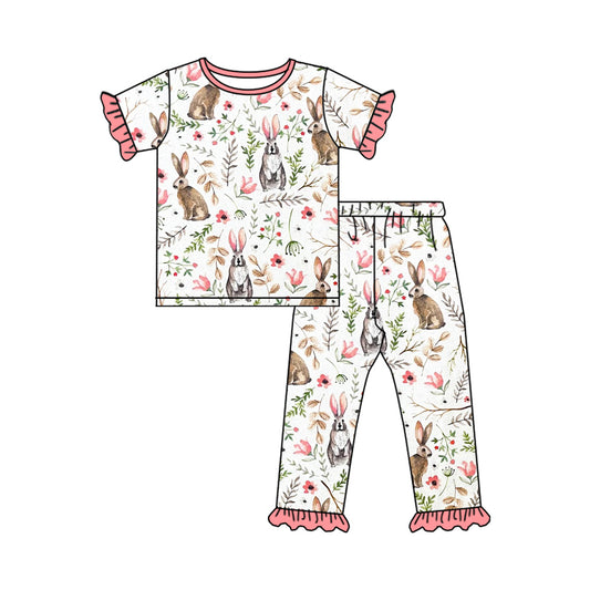 (Pre-order)GSPO1727 Bunny Flowers Print Girls Easter Pajamas Clothes Set