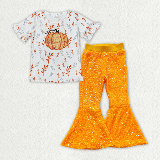 GSPO1729 Pumpkin Embroidery Leaf Top Sequin Bell Pants Girls Fall Clothes Sets