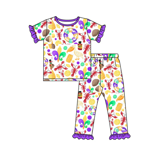 (Pre-order)GSPO1731 Anchor Corn Crayfish Print Girls Mardi Gras Pajamas Clothes Set