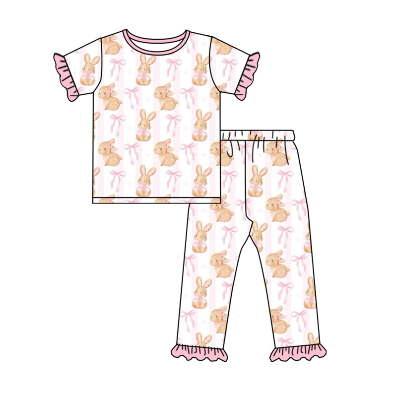 (Pre-order)GSPO1733 Bunny Bows Print Girls Easter Pajamas Clothes Set