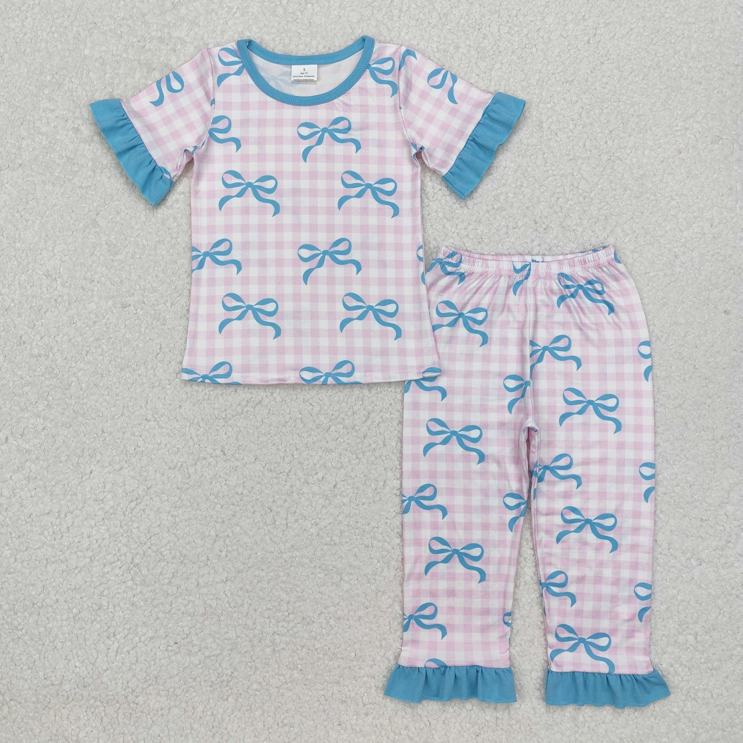 GSPO1736 Blue Bows Pink Plaid Print Girls Pajamas Clothes Set