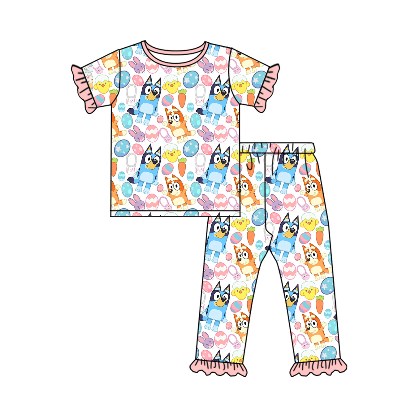 (Pre-order)GSPO1740 Cartoon Dog Eggs Print Girls Easter Pajamas Clothes Set