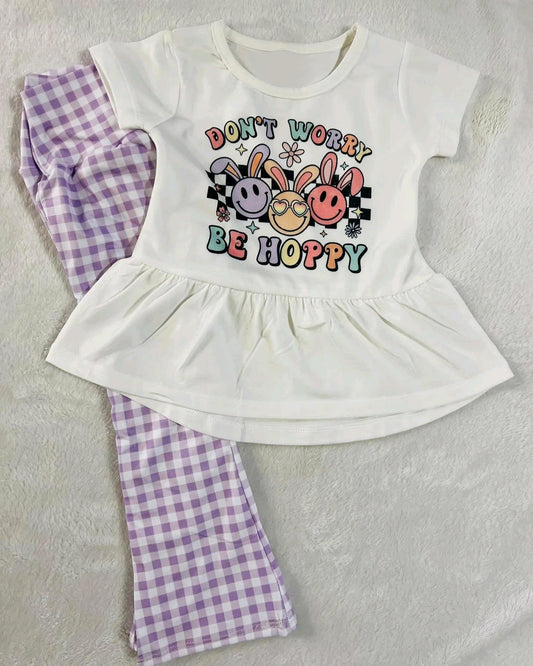 (Pre-order)GSPO1742 DON'T WPRRY BE HOPPY Bunny Top Plaid Bell Pants Girls Easter Clothes Set