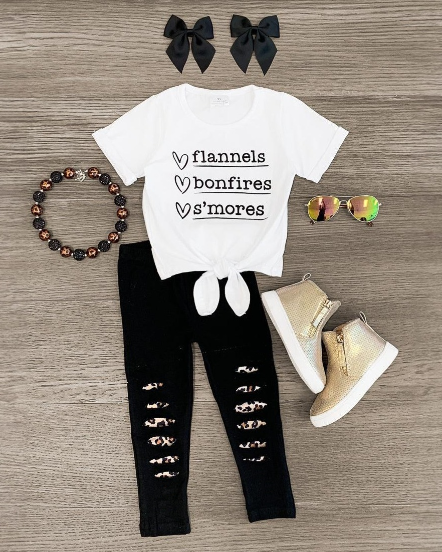 (Pre-order)GSPO1743 FLANNELS BONFIRES S'MORES Top Hole Pants Girls Clothes Set