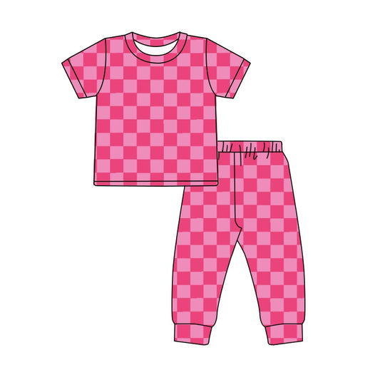 (Pre-order)GSPO1744 Hotpink Plaid Print Girls Pajamas Clothes Set
