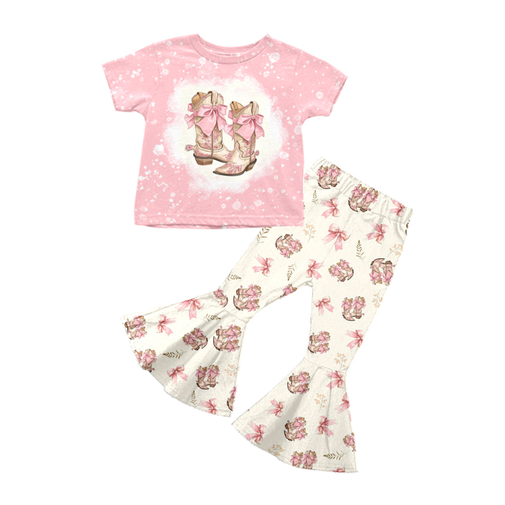 (Pre-order)GSPO1747 Boots Bows Print Bell Pants Girls Clothes Set