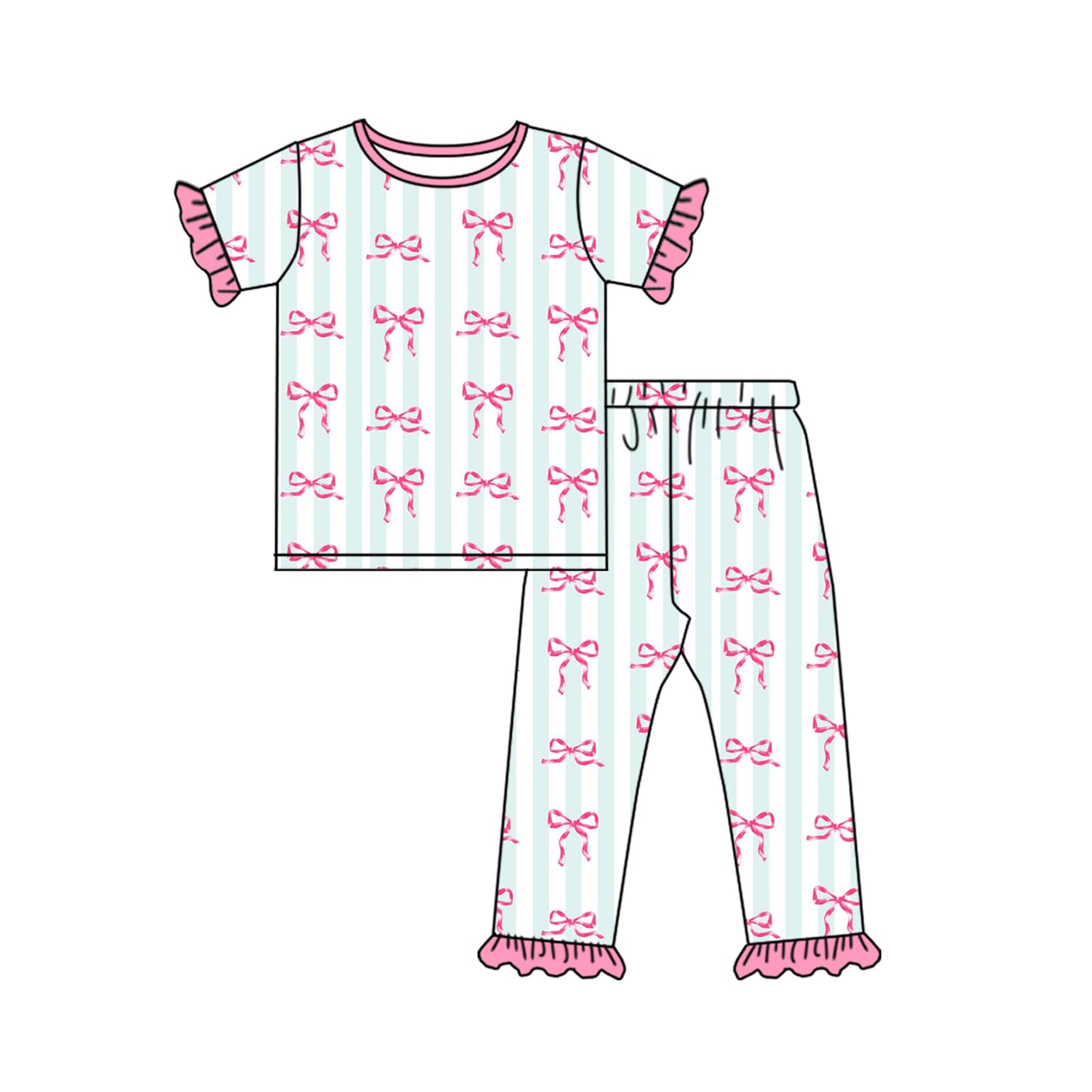 (Pre-order)GSPO1749 Pink Bows Print Girls Pajamas Clothes Set