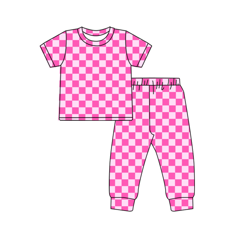 (Pre-order)GSPO1752 Pink Plaid Print Girls Pajamas Clothes Set