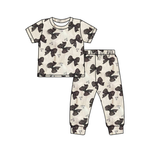 (Pre-order)GSPO1754 Leopard Bows Print Girls Pajamas Clothes Set