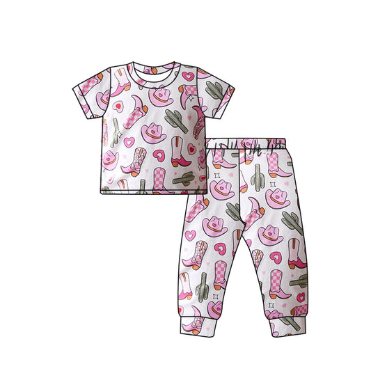 (Pre-order)GSPO1755 Boots Hat Heart Cactus Print Girls Valentine's Day Pajamas Clothes Set