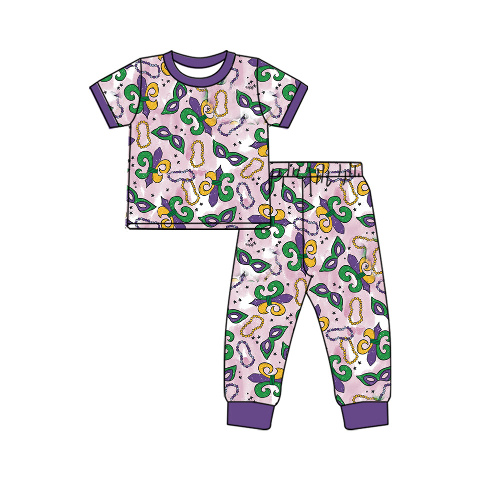 (Pre-order)GSPO1757 Mask Print Girls Mardi Gras Pajamas Clothes Set