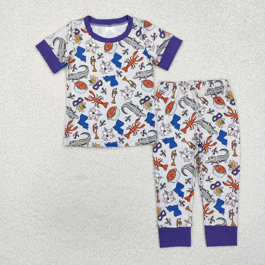 GSPO1758 Mask Crayfish Crocodile Print Girls Mardi Gras Pajamas Clothes Set