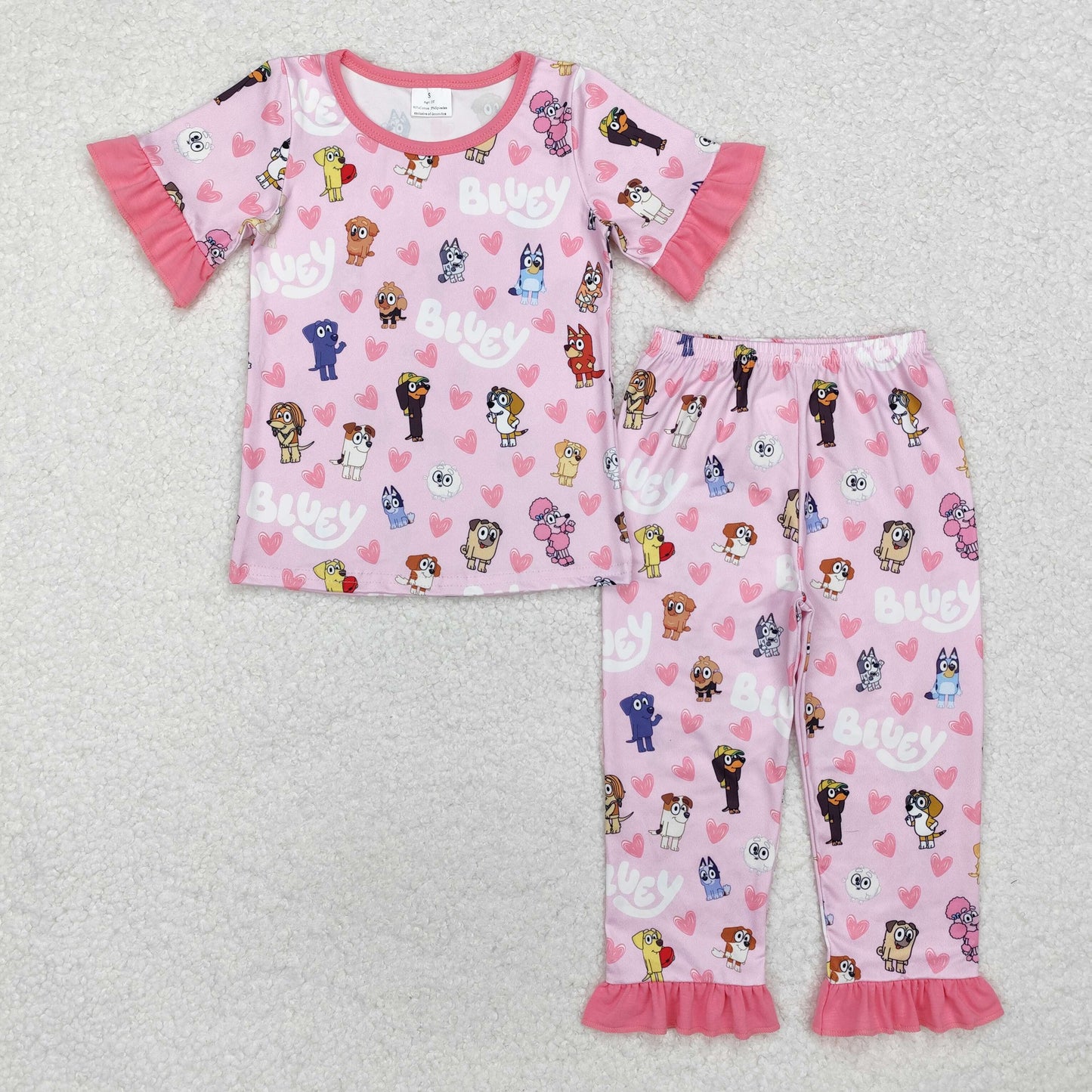 GSPO1760 Cartoon Dog Heart Pink Print Girls Valentine's Day Pajamas Clothes Set