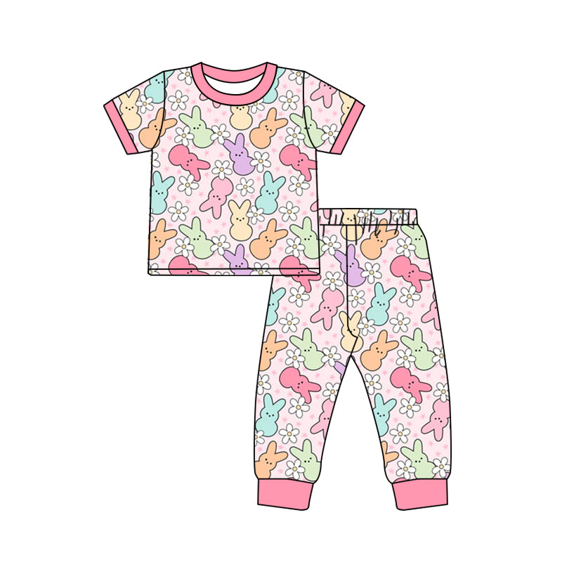 (Pre-order)GSPO1761 Colorful Bunny Flowers Print Girls Easter Pajamas Clothes Set