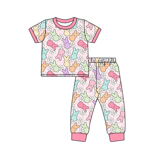 (Pre-order)GSPO1761 Colorful Bunny Flowers Print Girls Easter Pajamas Clothes Set