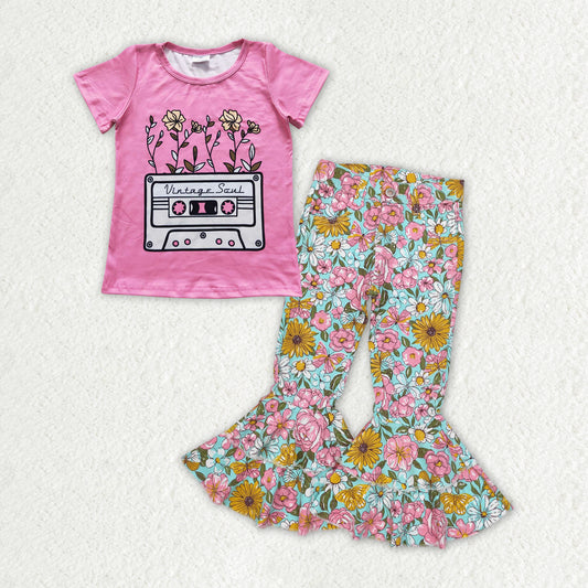 GSPO1769 Pink Top Flowers Denim Bell Jeans Girls Clothes Set