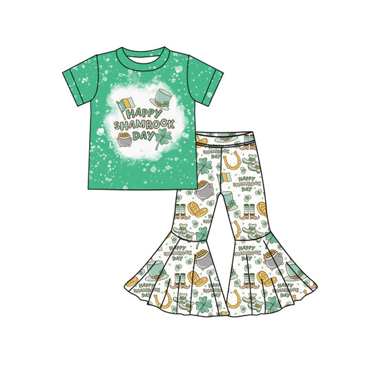 (Pre-order)GSPO1776 Gold Hat Green Print Bell Pants Girls St. Patrick's Day Clothes Set