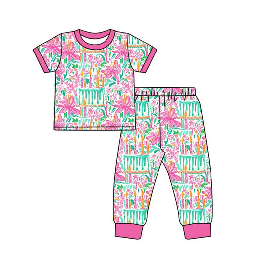 (Pre-order)GSPO1779 Flowers Hotpink Print Girls Pajamas Clothes Set