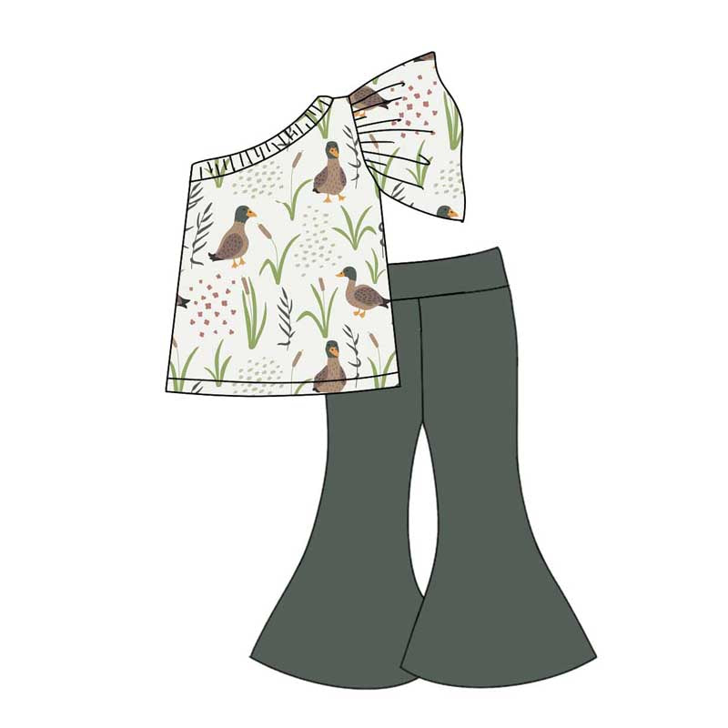 (Pre-order)GSPO1780 Duck Top Green Bell Pants Girls Clothes Set