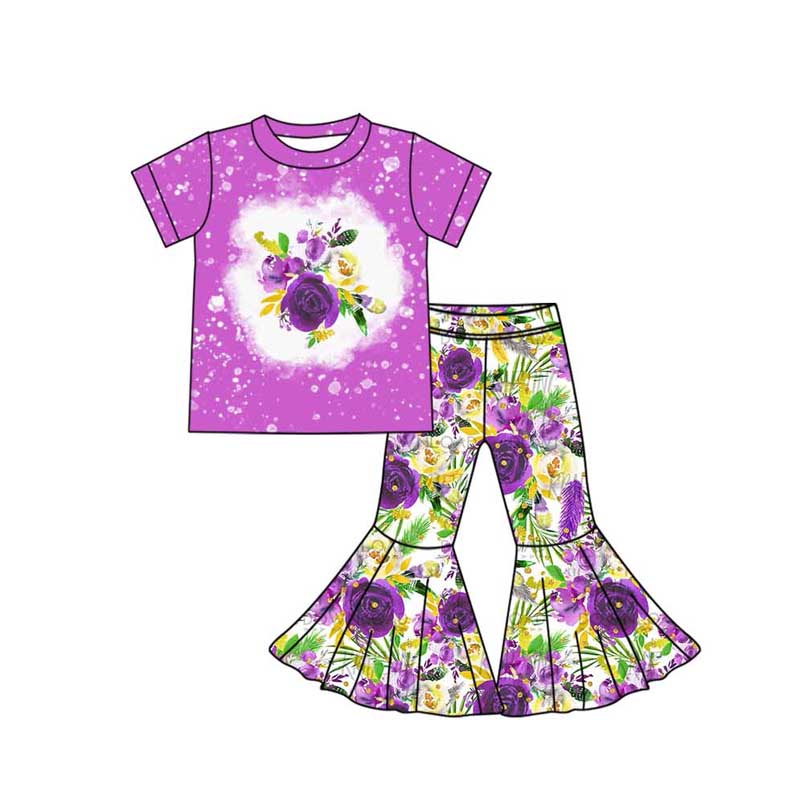 (Pre-order)GSPO1781` Purple Yellow Flowers Print Bell Pants Girls Clothes Set