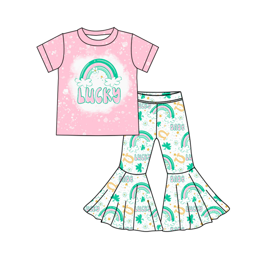 (Pre-order)GSPO1782` Lucky Rainbow Print Bell Pants Girls St. Patrick's Day Clothes Set