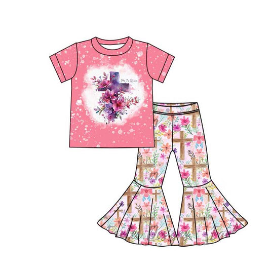 (Pre-order)GSPO1783` Flowers Cross Print Bell Pants Girls Easter Clothes Set