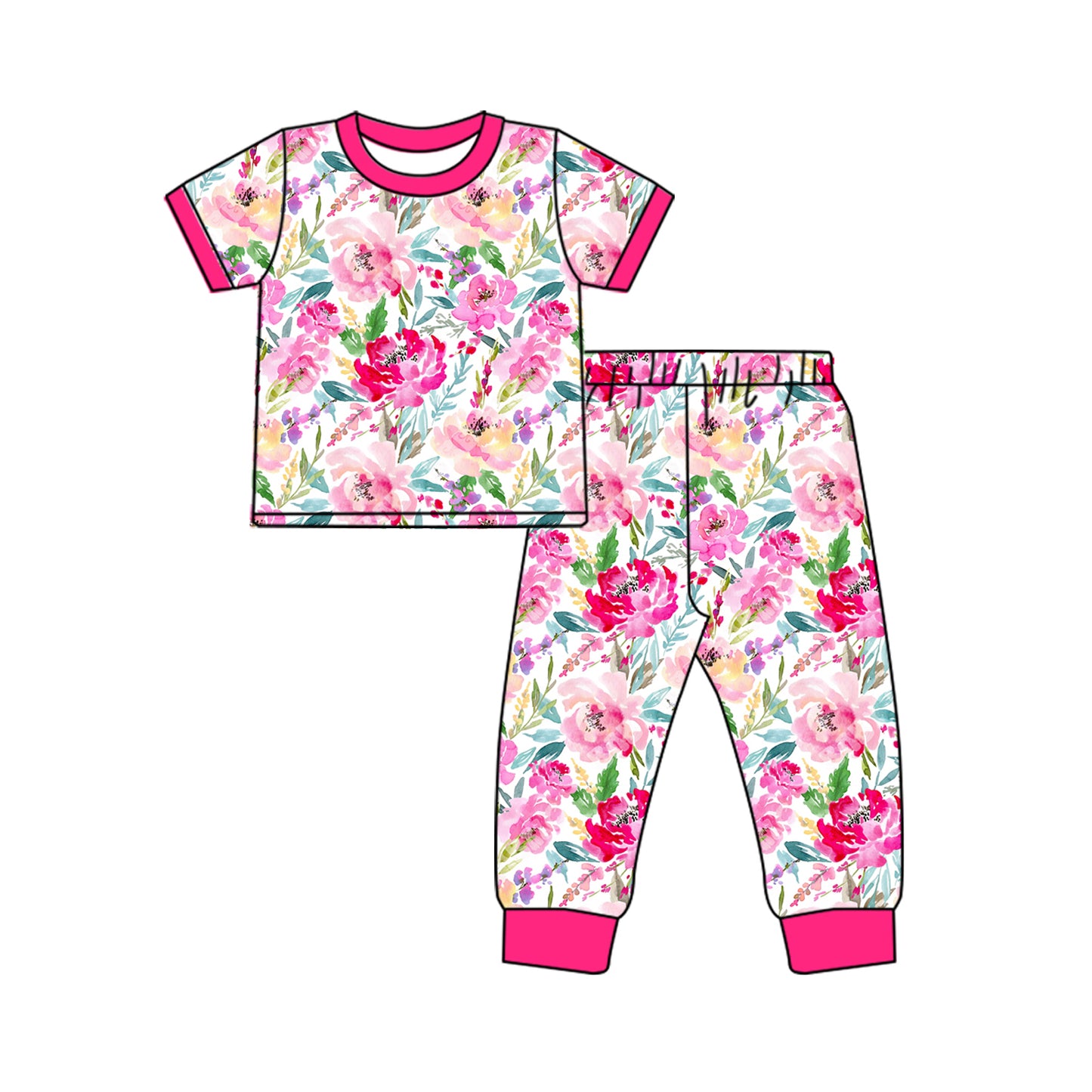 (Pre-order)GSPO1785 Hotpink Flowers Print Girls Pajamas Clothes Set