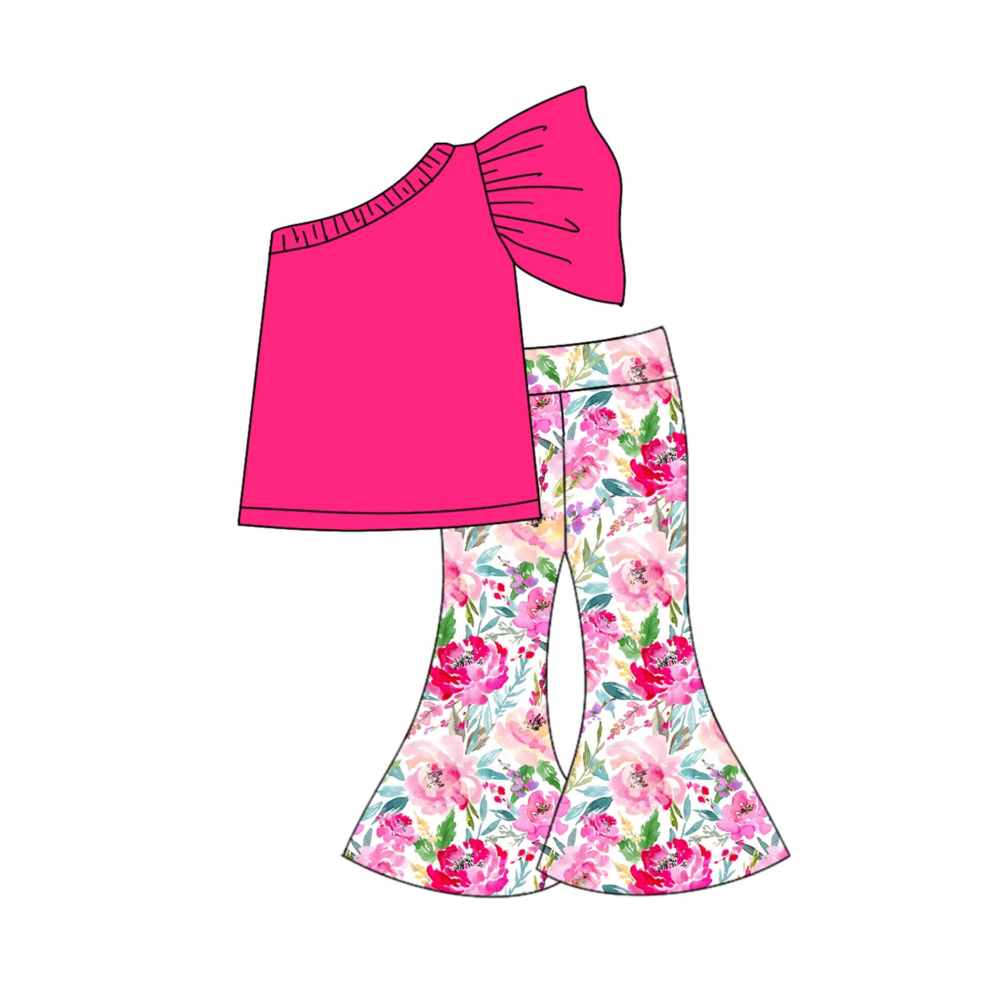 (Pre-order)GSPO1786 Hotpink Top Hotpink Flowers Bell Pants Girls Clothes Set