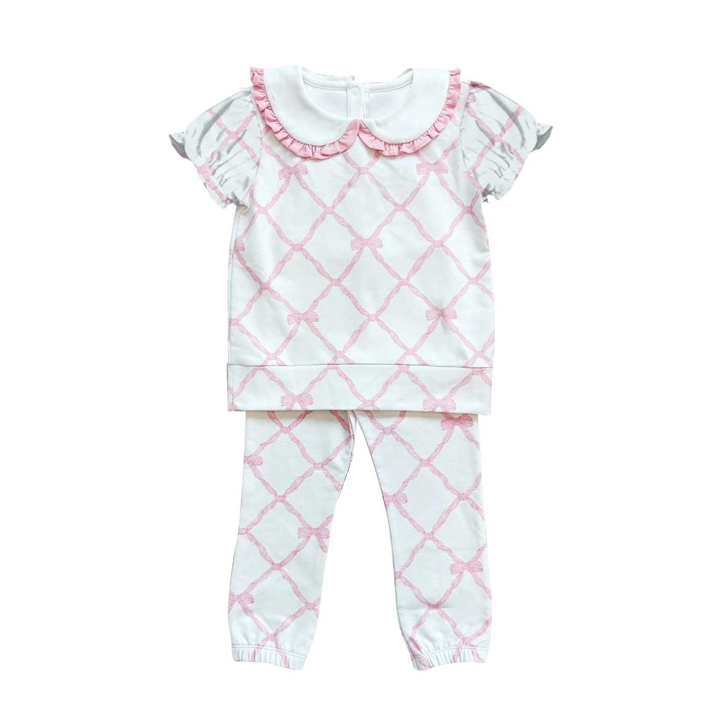 (Pre-order)GSPO1791 Bows Pink Print Girls Pajamas Clothes Set