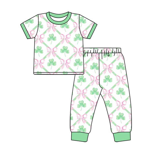 (Pre-order)GSPO1792 Four-leaf Clover Bows Print Girls St. Patrick's Day Pajamas Clothes Set