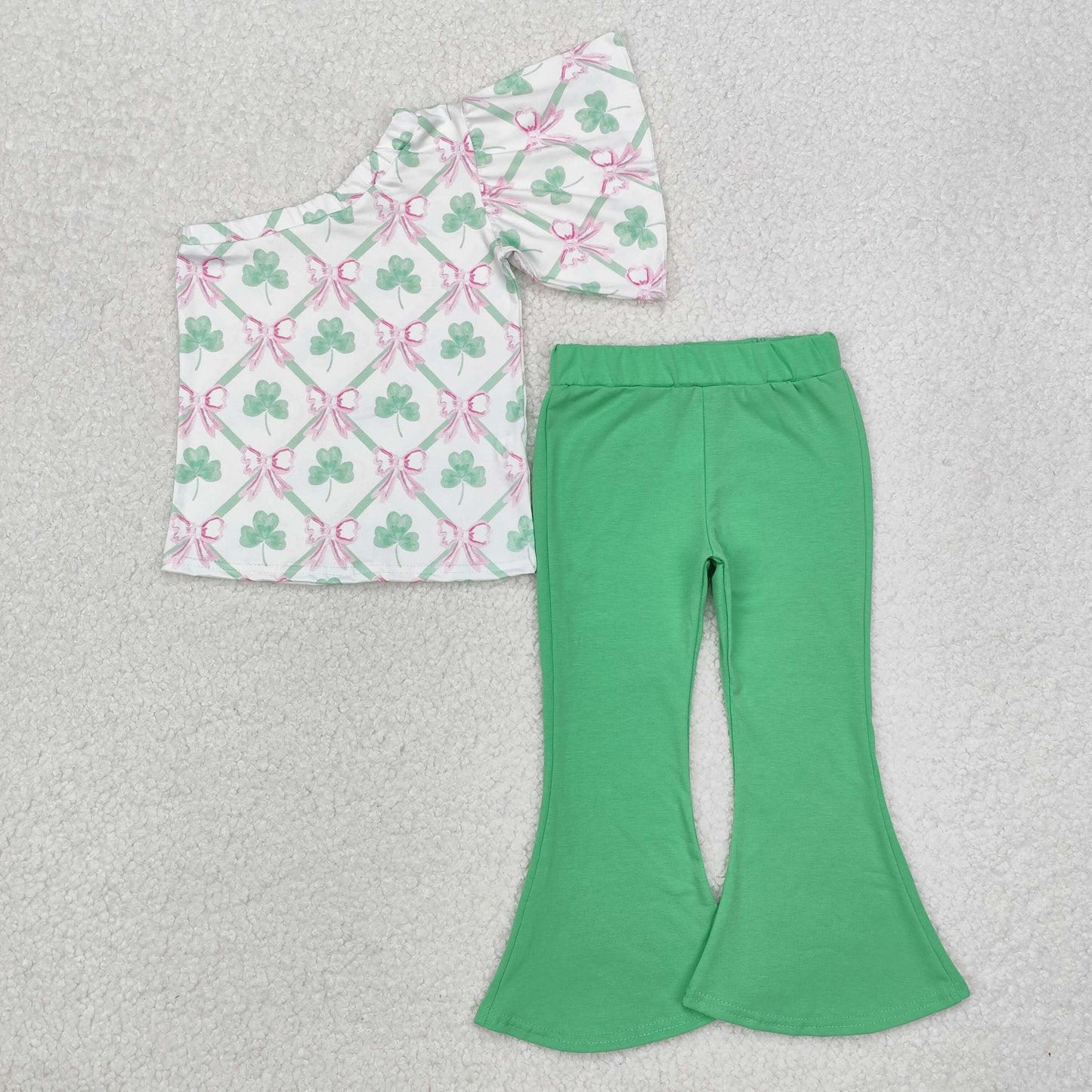 GSPO1793 Leaf Bows Top Green Bell Pants Girls St. Patrick's Day Clothes Set