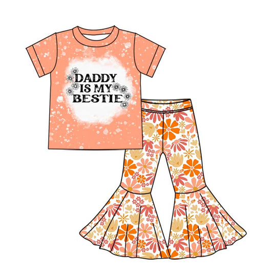 (Pre-order)GSPO1794 DADDY IS MY BESTIE Top Flowers Bell Pants Girls Clothes Set