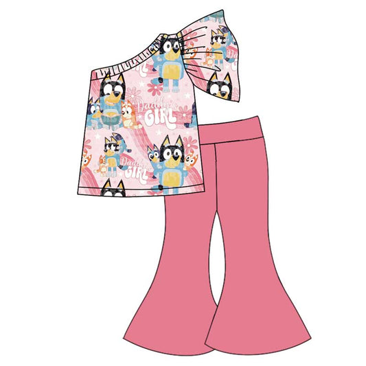 (Pre-order)GSPO1795 Cartoon Dog Daddy's Girl Flowers Top Bell Pants Girls Clothes Set