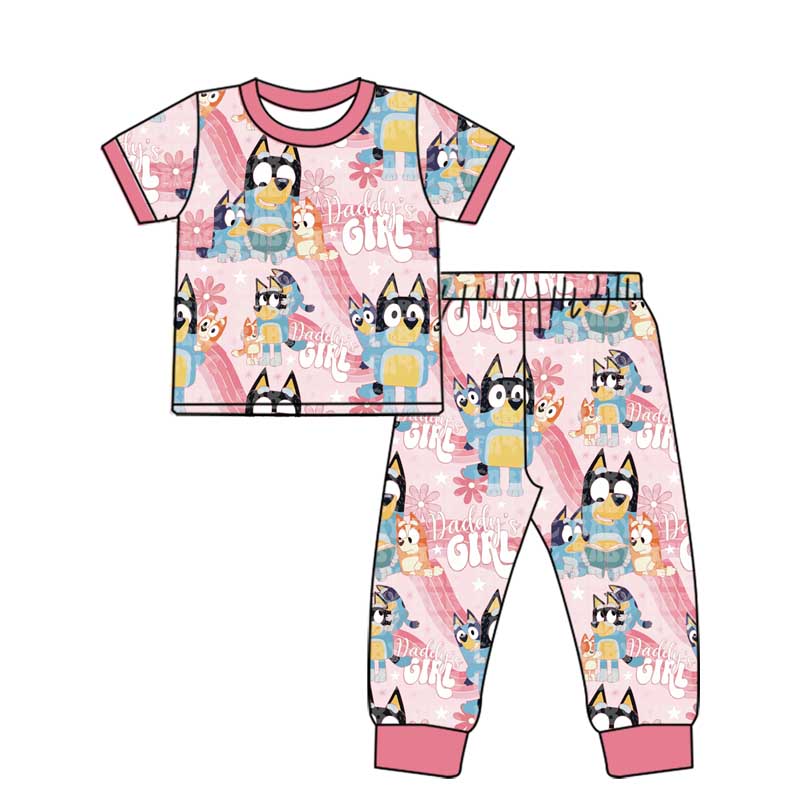 (Pre-order)GSPO1796 Cartoon Dog Daddy's Girl Flowers Print Girls Pajamas Clothes Set