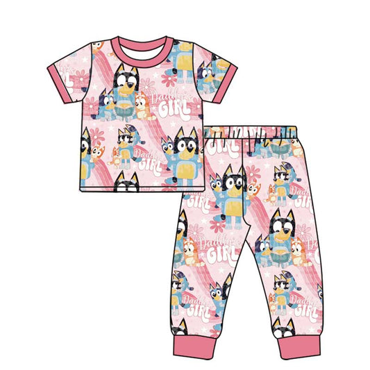 (Pre-order)GSPO1796 Cartoon Dog Daddy's Girl Flowers Print Girls Pajamas Clothes Set