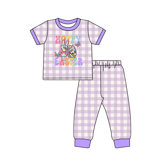 (Pre-order)GSPO1799 Cartoon Dog Purple Plaid Print Girls Easter Pajamas Clothes Set
