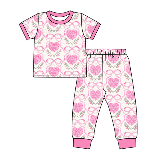 (Pre-order)GSPO1801 Heart Rose Bows Print Girls Valentine's Day Pajamas Clothes Set