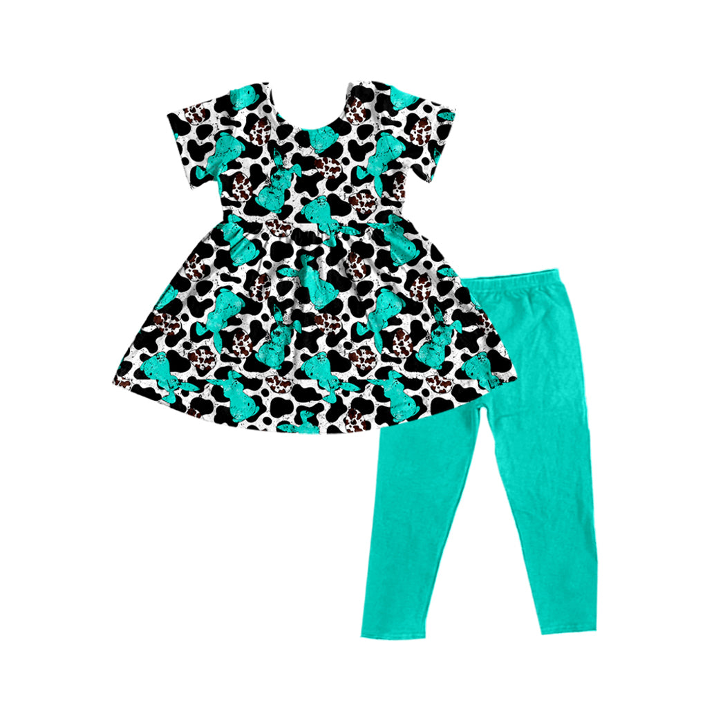 (Pre-order)GSPO1802 Bunny Eggs Turquoise Tunic Top Legging Pants Girls Easter Western Clothes Set