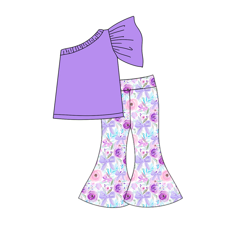 (Pre-order)GSPO1803 Purple Top Flowers Bows Bell Pants Girls Clothes Set