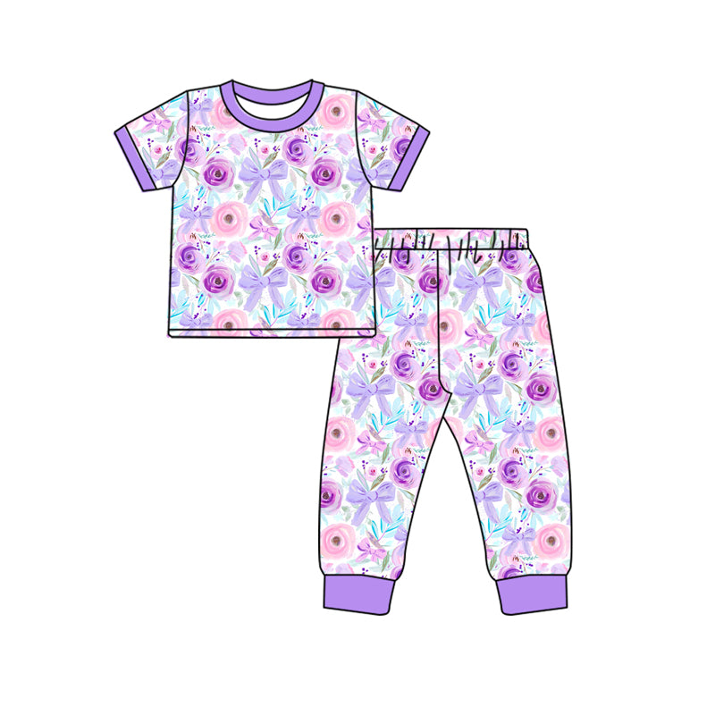 (Pre-order)GSPO1804 Flowers Bows Purple Print Girls Pajamas Clothes Set